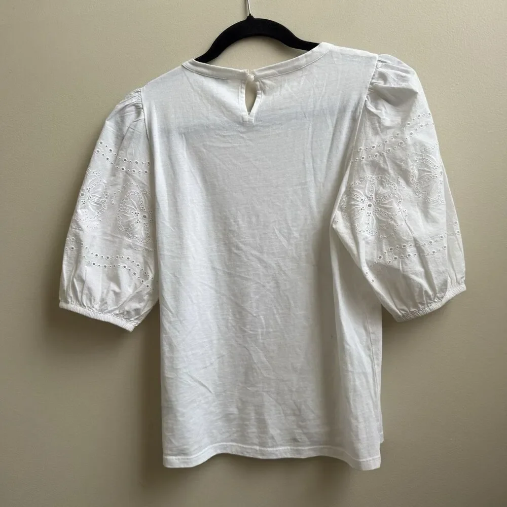 J Crew Cotton Short Puff Sleeve Top Tee Shirt Blouse Eyelet White Boho XS